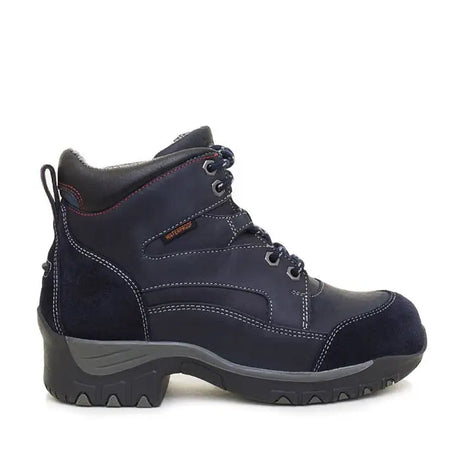 Dark navy blue storm waterproof jodhpur boots with suede and leather panels and gray rubber sole by bareback footwear blair