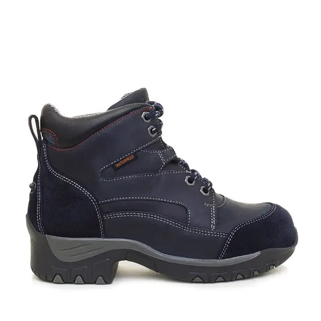 Dark navy blue storm waterproof jodhpur boots with suede and leather panels and gray rubber sole by bareback footwear blair