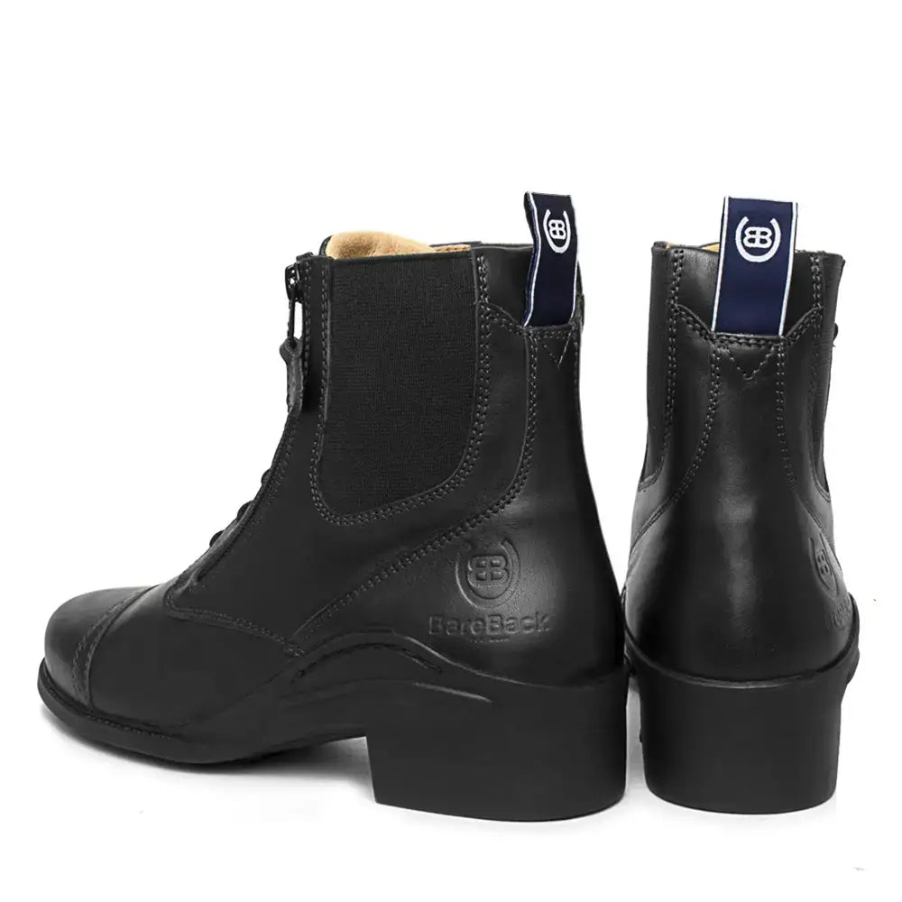 Back view of black leather bareback footwear bramham zip jodhpur boots with elastic side panels for all-day comfort