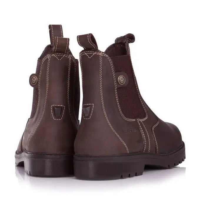 Brown leather bareback footwear bronx boots with white stitching and chunky anti-slip sole boots in nubuck leather