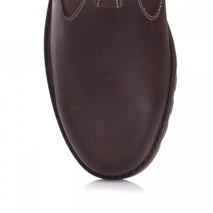 Dark brown leather bareback footwear bronx boots with visible stitching and anti slip sole boots design