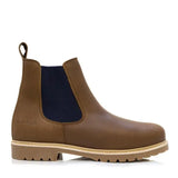 Bareback footwear brooklyn brown leather chelsea boot with navy elastic panels and tan anti slip sole with cushioned insoles