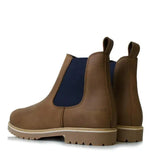 Brown leather bareback footwear brooklyn chelsea boots with navy elastic panels and chunky tan anti-slip sole