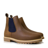 Bareback footwear brooklyn desert boots in brown leather with navy elastic side panels and tan anti-slip rubber soles