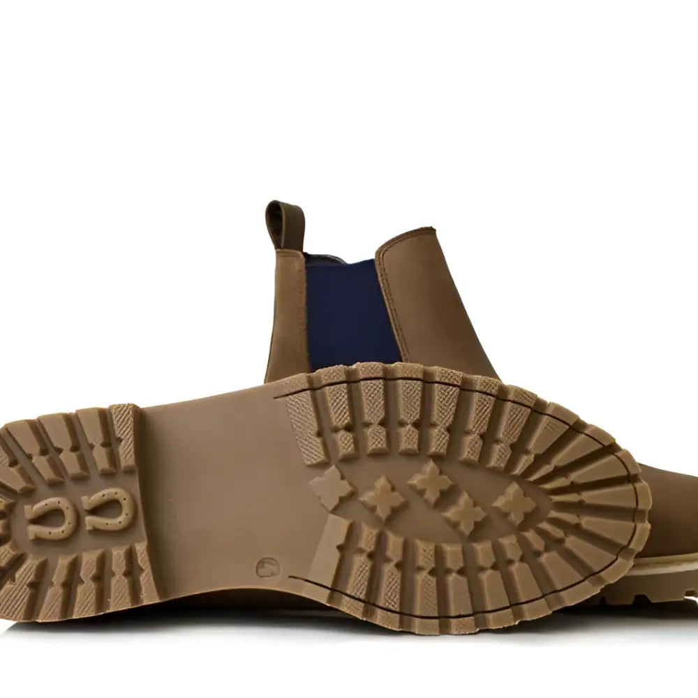 Tan leather bareback footwear brooklyn chelsea boot with navy elastic panel cushioned insoles and anti slip sole