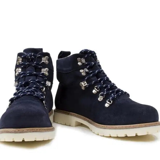 Dark blue suede chicago waterproof boots with wil-tex membrane and sturdy white sole by bareback footwear chicago