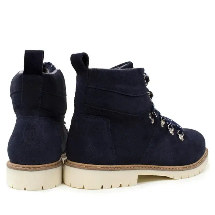Navy blue suede chicago waterproof boots with wil-tex membrane silver eyelets and beige rubber sole by bareback footwear chicago