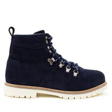 Navy blue suede chicago waterproof boots with wil-tex membrane silver metal eyelets and white sole by bareback footwear chicago