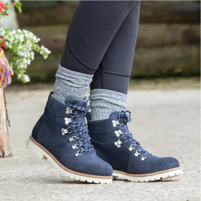 Navy blue suede chicago waterproof boots with wil-tex membrane and white soles from bareback footwear chicago