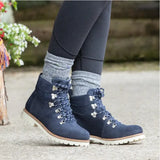 Navy blue suede chicago waterproof boots with wil-tex membrane and white soles from bareback footwear chicago