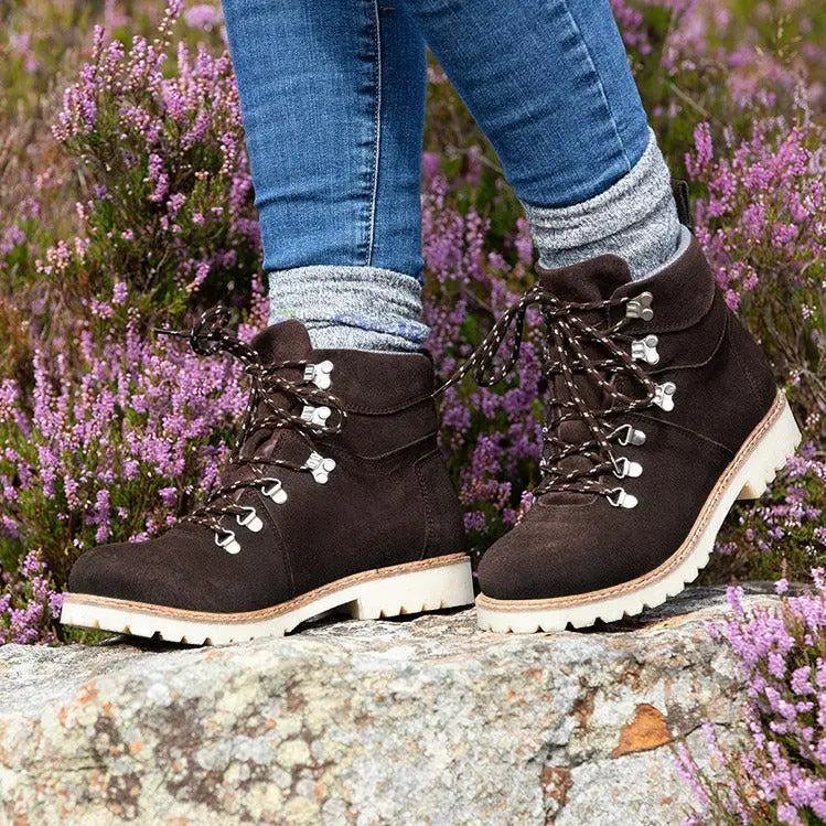 Dark brown italian suede chicago waterproof boots by bareback footwear chicago with white laces and chunky off-white sole