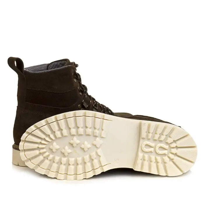 Dark brown italian suede bareback footwear chicago waterproof boots with cream rubber sole and rugged tread pattern