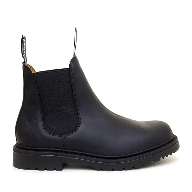 Black leather bareback footwear detroit steel toe cap work boots with elastic side panels and rugged sole