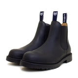 Black leather bareback footwear detroit steel toe cap work boots with chunky sole and pull tabs visible from the back
