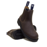 Brown leather bareback footwear detroit steel toe cap work boots with black rubber soles and brand tags