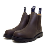 Brown leather bareback footwear detroit steel toe cap work boots with black soles and pull tabs showing logo