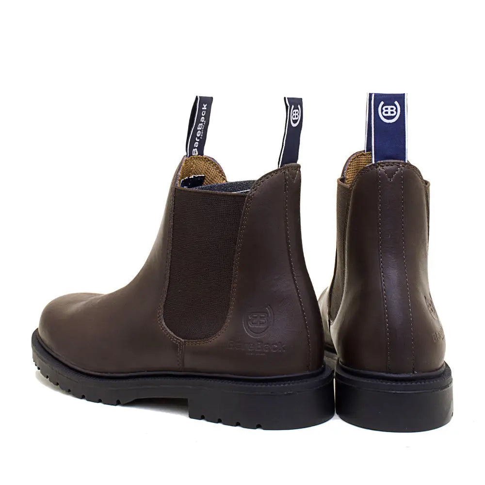 Brown leather bareback footwear detroit steel toe cap work boots with black soles and blue pull tabs