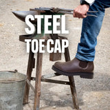 Brown leather bareback footwear detroit steel toe cap work boots being forged on an anvil