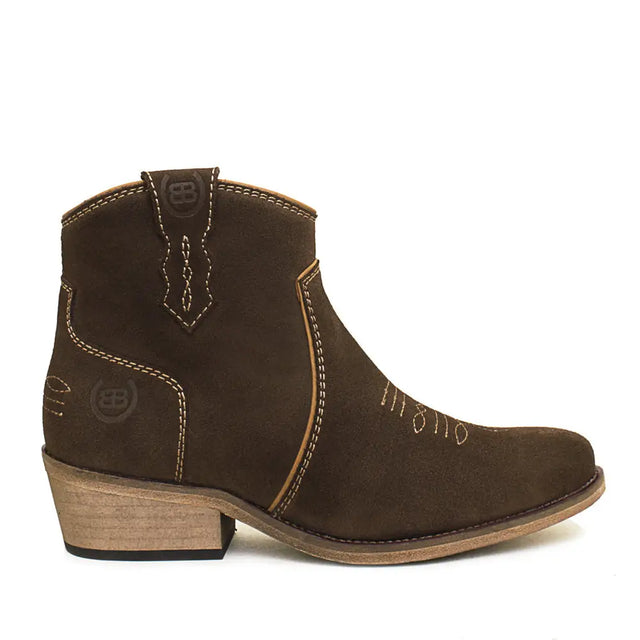 Brown suede bareback footwear dixie soft suede cowboy boots with tan stitching and light wood block heel