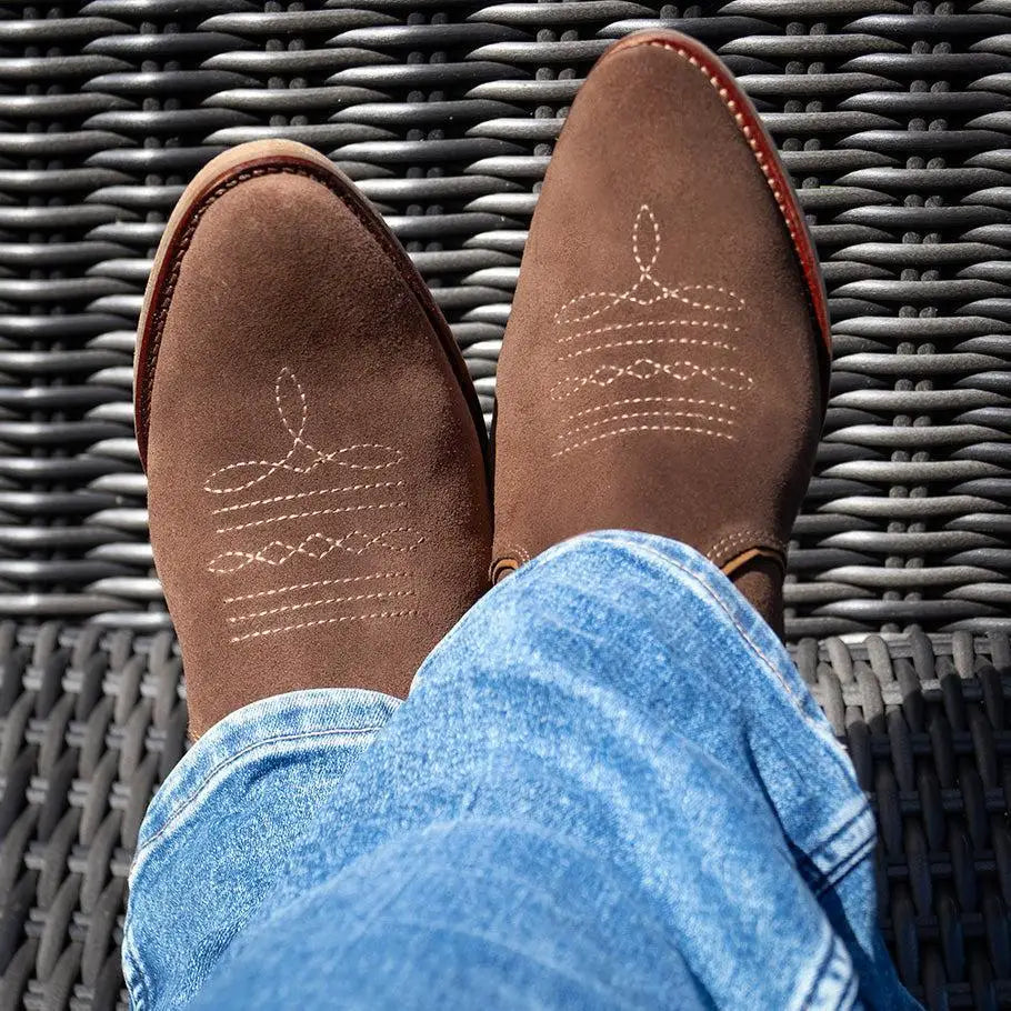 Brown bareback footwear dixie soft suede cowboy boots with white hand-stitched leather details
