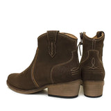 Brown bareback footwear dixie hand-stitched leather boots with white stitching and wooden block heel in soft suede