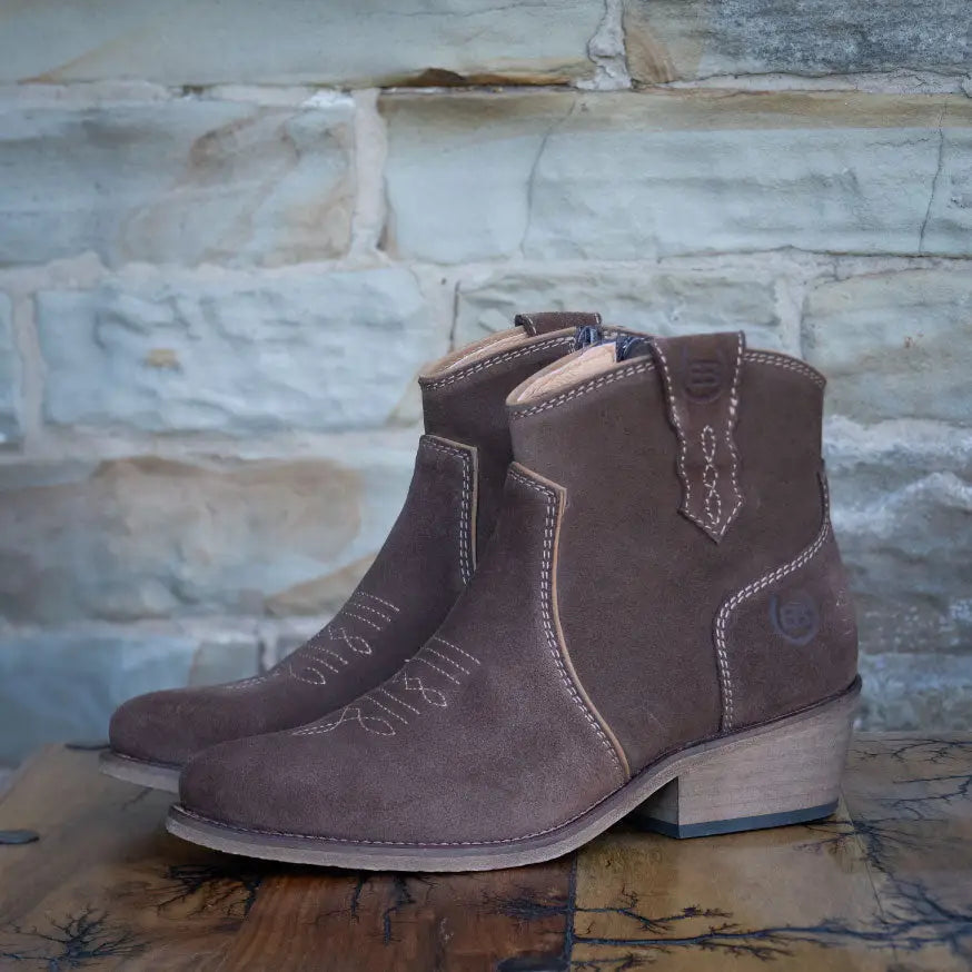 Brown bareback footwear dixie soft suede cowboy boots with white hand-stitched leather details and low block heel
