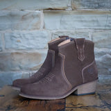 Brown bareback footwear dixie soft suede cowboy boots with white hand-stitched leather details and low block heel