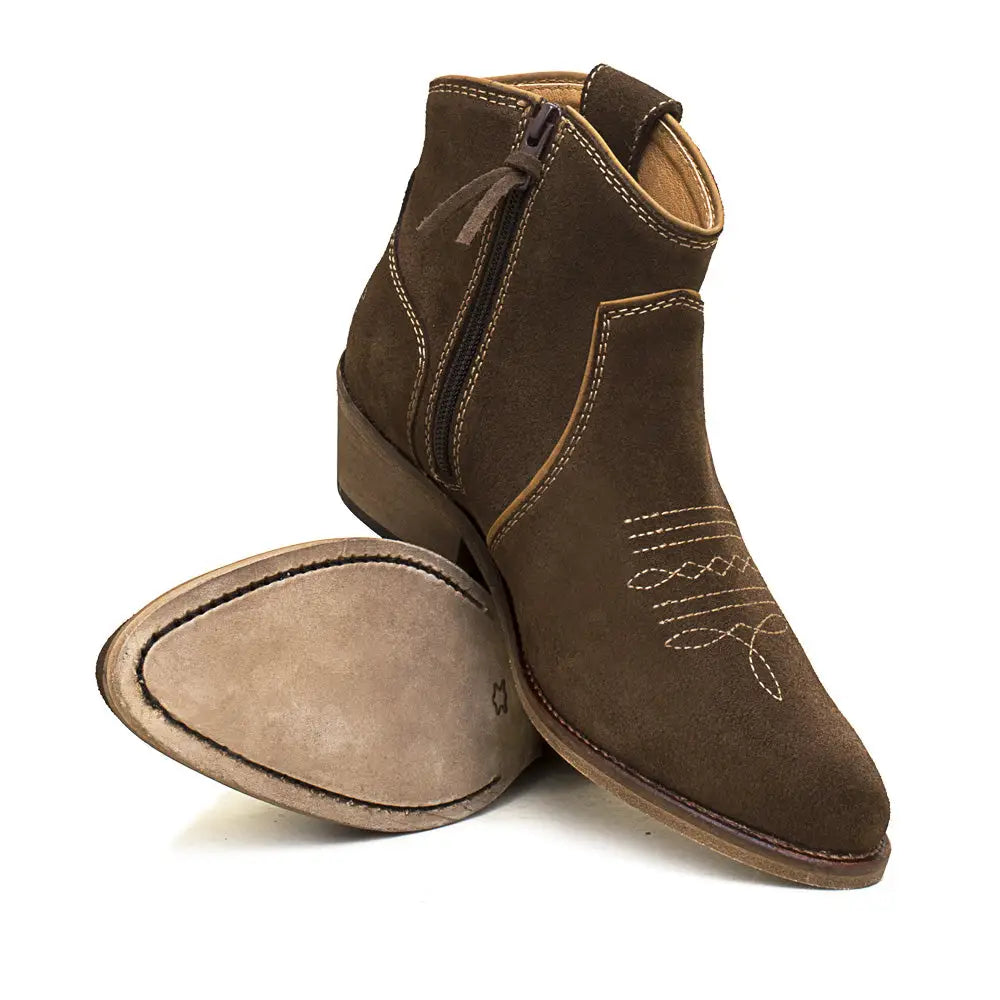 Brown bareback footwear dixie soft suede cowboy boots with white embroidered detailing and side zipper