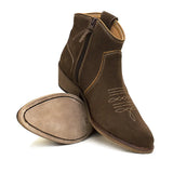 Brown bareback footwear dixie soft suede cowboy boots with white embroidered detailing and side zipper