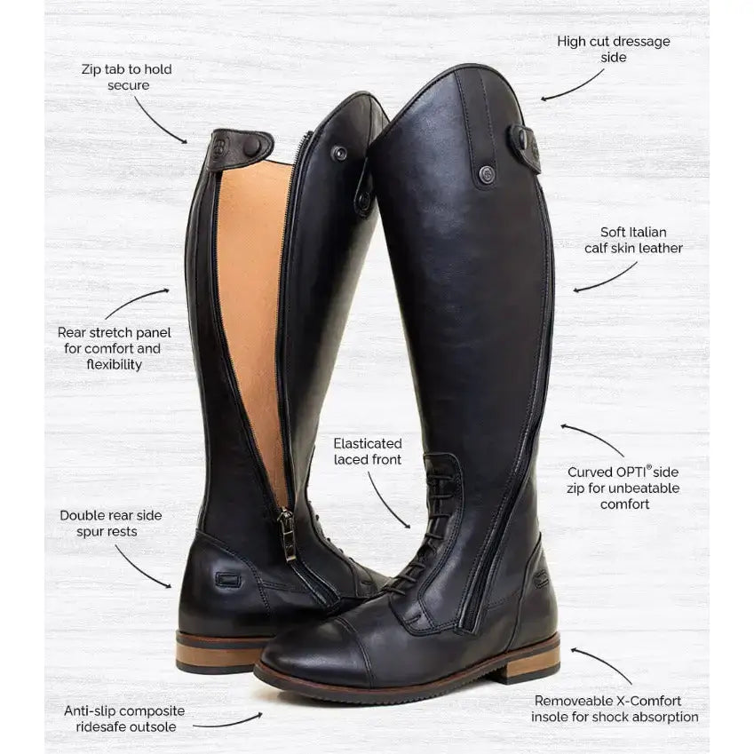 Black graceland long riding field boots made of soft italian calf skin leather with elasticated laced front by bareback footwear