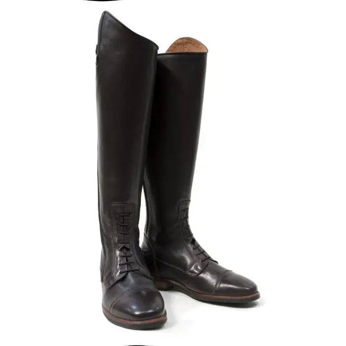 Black leather bareback footwear graceland long riding field boots with polished finish and classic lace-up design in brown