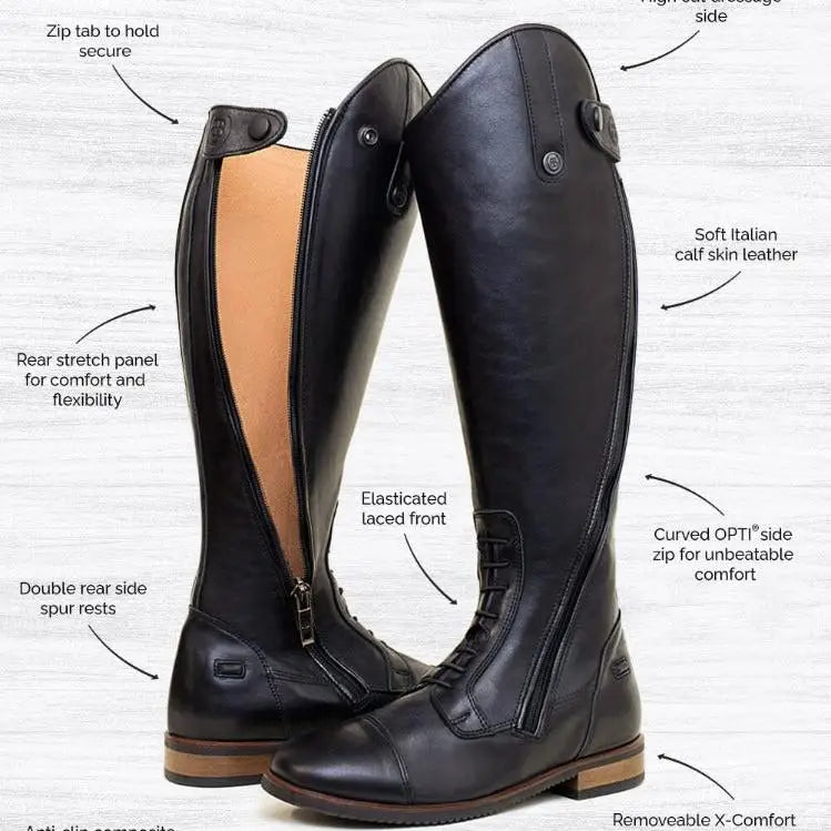 Black graceland long riding field boots from bareback footwear made of soft italian calfskin with curved zip and laced front