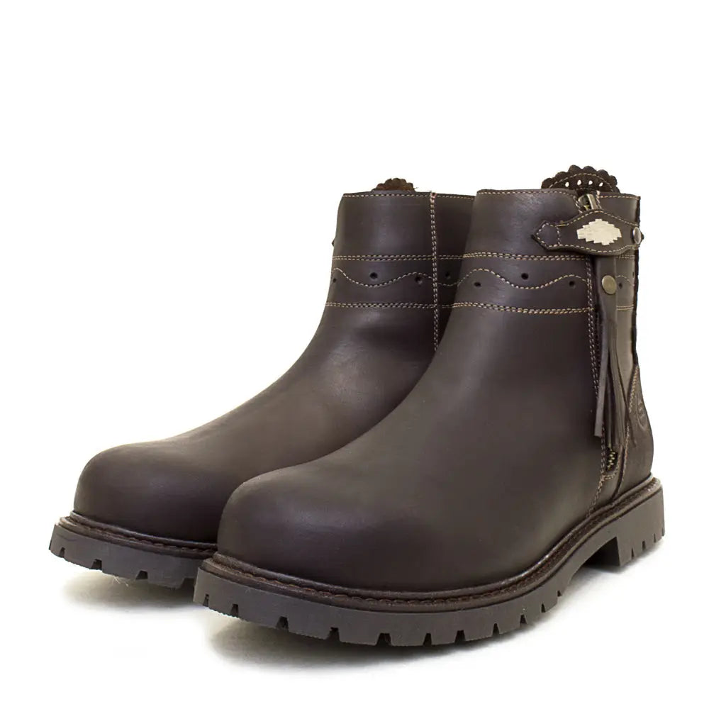 Dark brown leather ankle boots with scalloped metal accent and tassel detail from bareback footwear hudson ankle boots chocolate