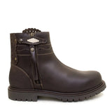 Dark brown leather ankle boots chocolate with silver emblem and tassel detail from bareback footwear hudson premium opti zip