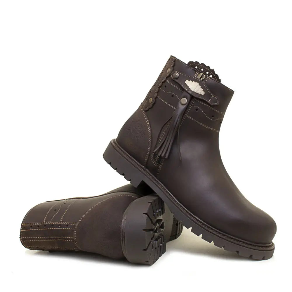 Dark brown leather ankle boots chocolate with decorative tassel and silver hardware from bareback footwear hudson