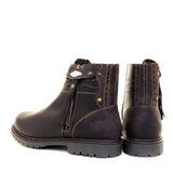 Dark brown leather ankle boots chocolate with decorative stitching brass hardware tassels from bareback footwear hudson premium opti zip