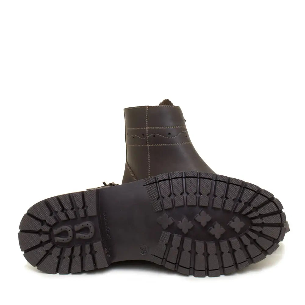 Dark brown leather ankle boot with rugged sole and embossed logo from bareback footwear hudson ankle boots chocolate