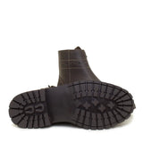 Dark brown leather ankle boot with rugged sole and embossed logo from bareback footwear hudson ankle boots chocolate