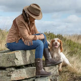 Brown leather hudson mid boots with side zipper, metal buckle, wil-tex membrane, and cozy sheep wool insole