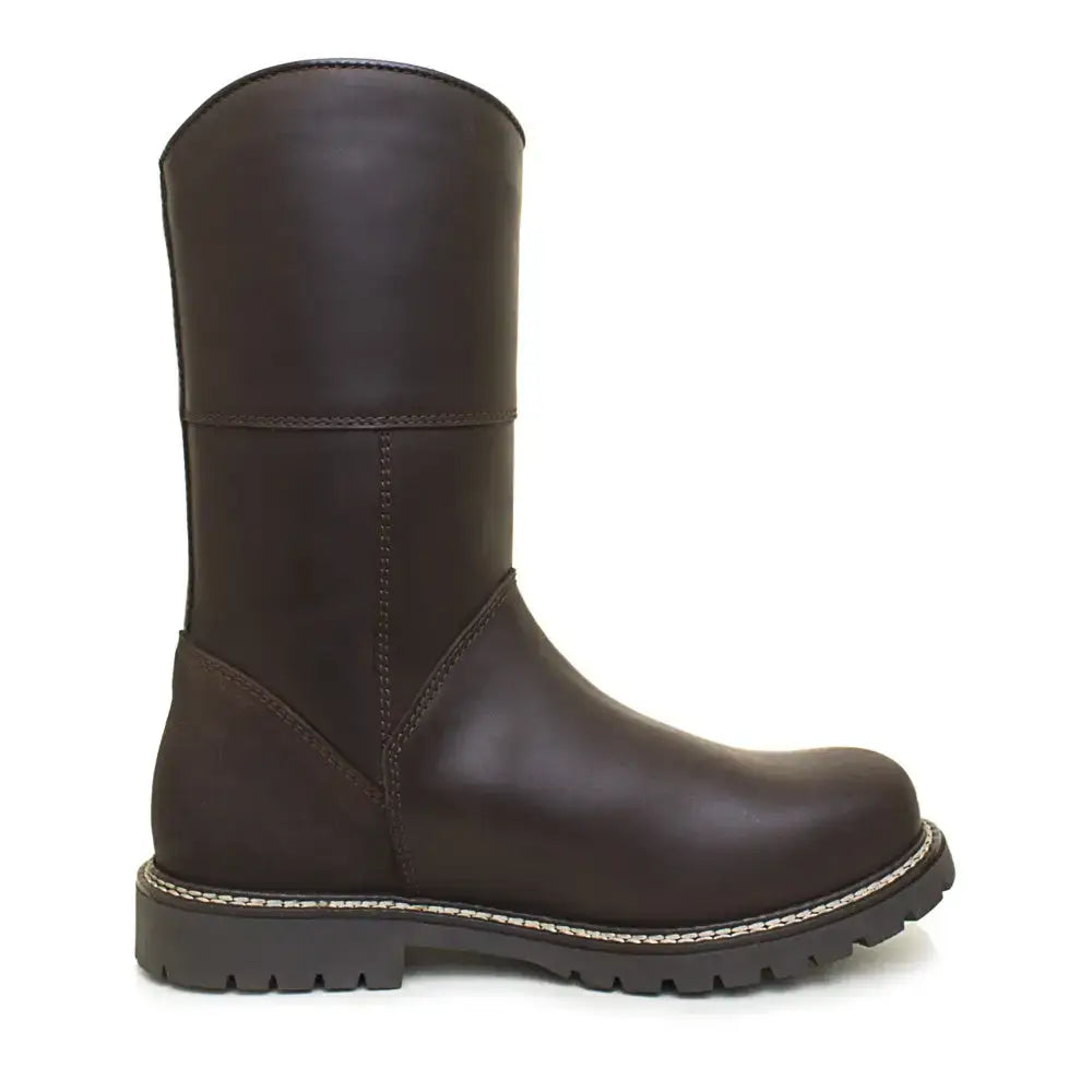 Dark brown leather hudson mid boots with rugged sole and stitching featuring wil-tex membrane and sheep wool insole