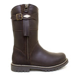 Dark brown leather hudson mid boots with side zipper buckle tassel detail and sheep wool insole by bareback footwear