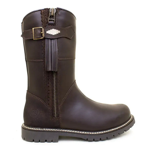 Dark brown leather hudson mid boots with side zipper buckle tassel detail and sheep wool insole by bareback footwear