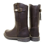 Dark brown hudson mid boots with gold buckle tassel detail featuring sheep wool insole and wil-tex membrane