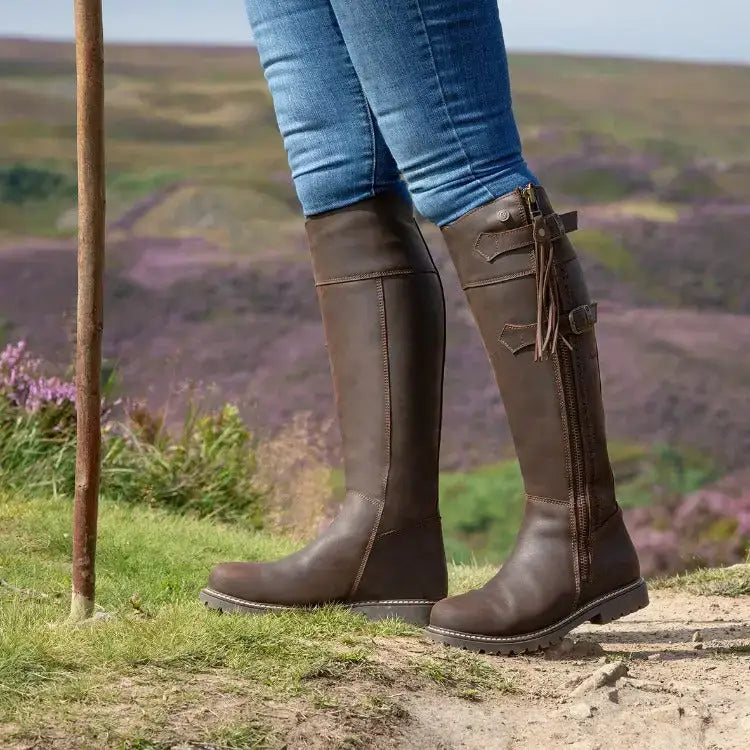 Brown leather hudson storm waterproof boots chocolate with zipper and buckle detail from bareback footwear hudson