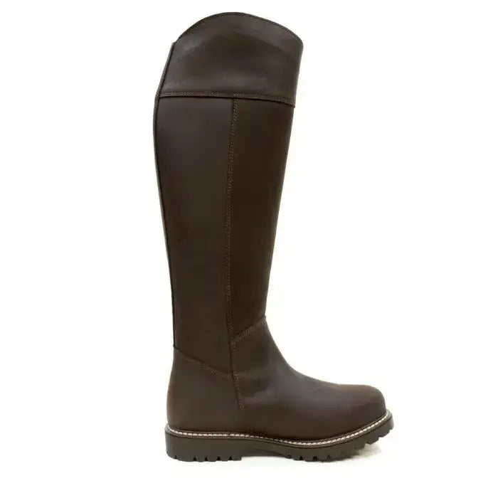 Dark brown leather knee-high hudson storm waterproof boots chocolate with sturdy sole and visible side stitching by bareback footwear hudson