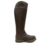 Dark brown leather knee-high hudson storm waterproof boots chocolate with sturdy sole and visible side stitching by bareback footwear hudson