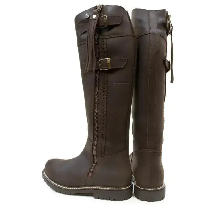 Dark brown leather hudson storm waterproof boots chocolate with zipper and buckle from bareback footwear hudson