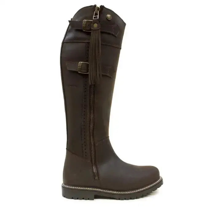 Dark brown leather riding boot with zipper and buckle details from bareback footwear hudson storm waterproof boots chocolate