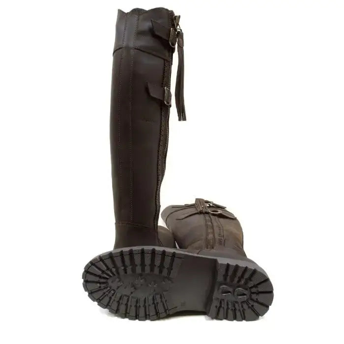 Dark brown suede knee-high bareback footwear hudson storm waterproof boots chocolate with side zipper and rugged sole