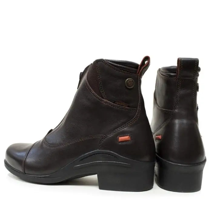 Dark brown leather Bareback Footwear Idaho storm waterproof jodhpur riding boots with block heel and orange accents